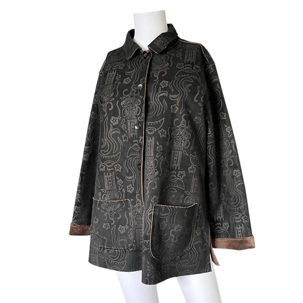 Vintage Chicos Faux Suede Jacket Dark Chocolate Brown Patterned Size Medium M - Picture 7 of 7
